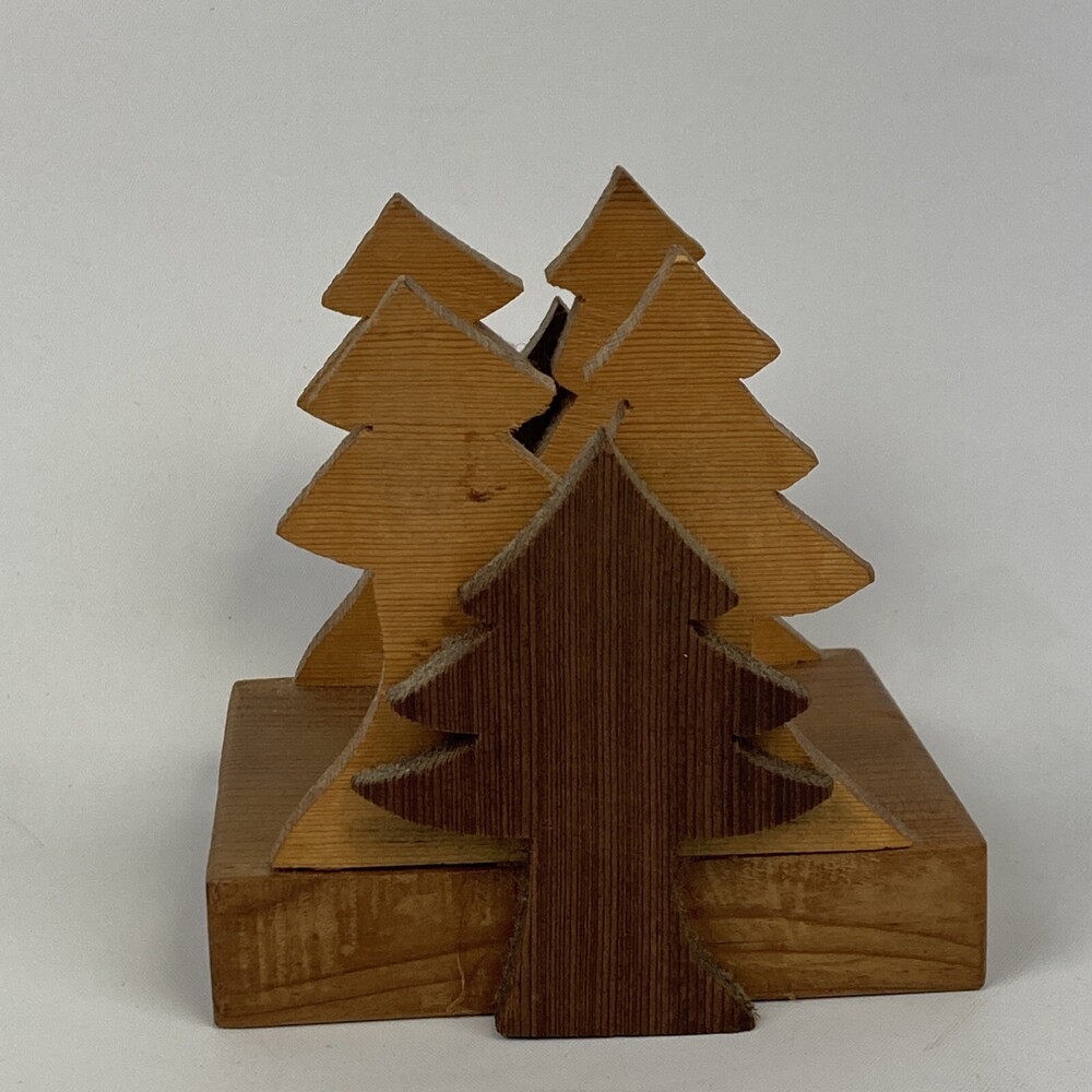 VTG XMAS Pine Tree Wood Folk Art Carved Mail Bills Napkin Holder Kitchen Table